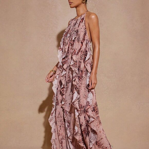 Khaki Elegant Women's Long Sleeveless Ruffle Maxi Dress - Picture 3 of 5